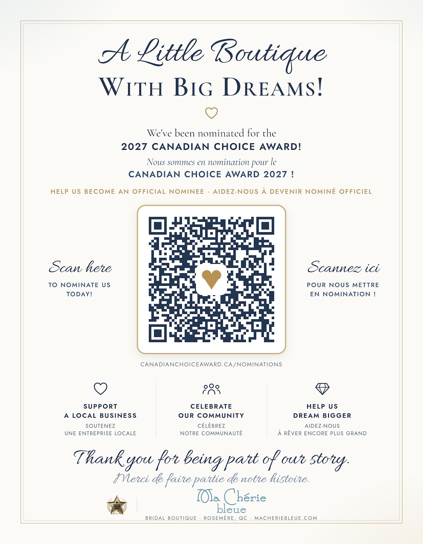 Poster: A Little Boutique With Big Dreams! We’ve been nominated for the 2027 Canadian Choice Award – help us become an official nominee. Scan the QR code to nominate Ma Chérie Bleue. Thank you for being part of our story.